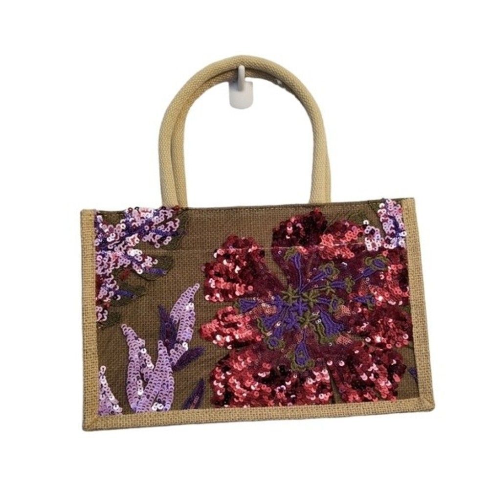 Sequin Embroidery Floral Stitching Linen Tote Bag NWT - Picture 13 of 13